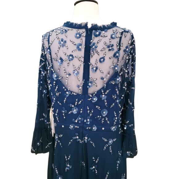Mac Duggal 9263 Navy Ocean Blue Embellished Flutter Sleeve High Neck Gown 16W - Picture 8 of 9